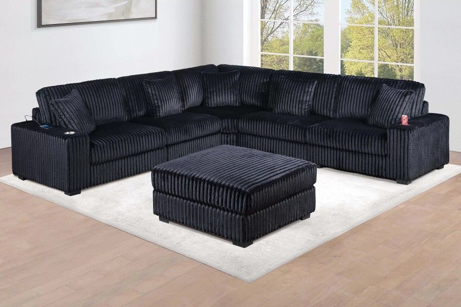 Brand New Black Corduroy Modular Sectional Sofa w Ottoman 