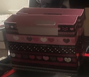 Daiso Kawaii Desk/Office Storage Black And Pink With Hearts And Other Designs