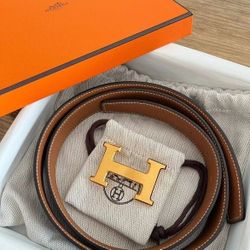 Hermes Classic Brushed Gold Buckle Double Sided Leather Belt Black Width 3.2cm With Receipt