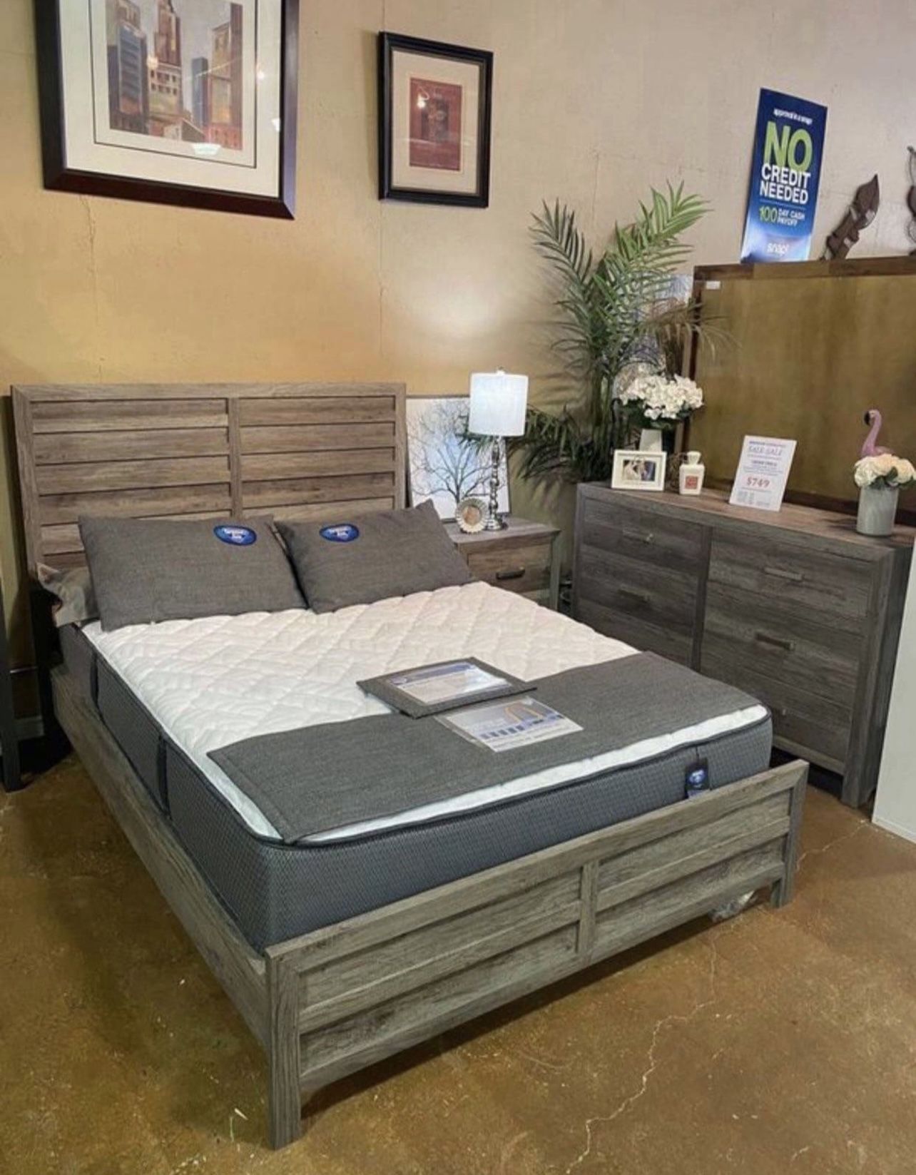 4 PCS QUEEN BEDROOM SET: QUEEN BED FRAME, NIGHTSTAND, DRESSER, MIRROR