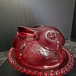 Vintage Indiana Glass Cranberry Bunny Candy Dish Nesting Rabbit Pink Glass Covered Dish 8"×5"