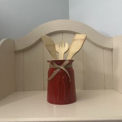 Red Ceramic Utensils Holder & Wood Spoons 