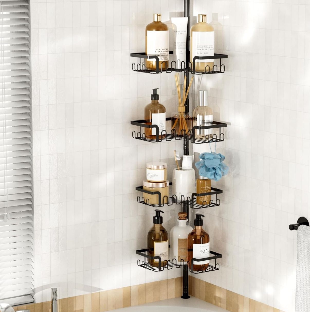 Corner Shower Caddy Tension Pole Adjustable 29–124 Inch, 4 Tier Rustproof Shower Organizer Shelf Rack, Quick Installation Bathroom Storage Shower Cadd