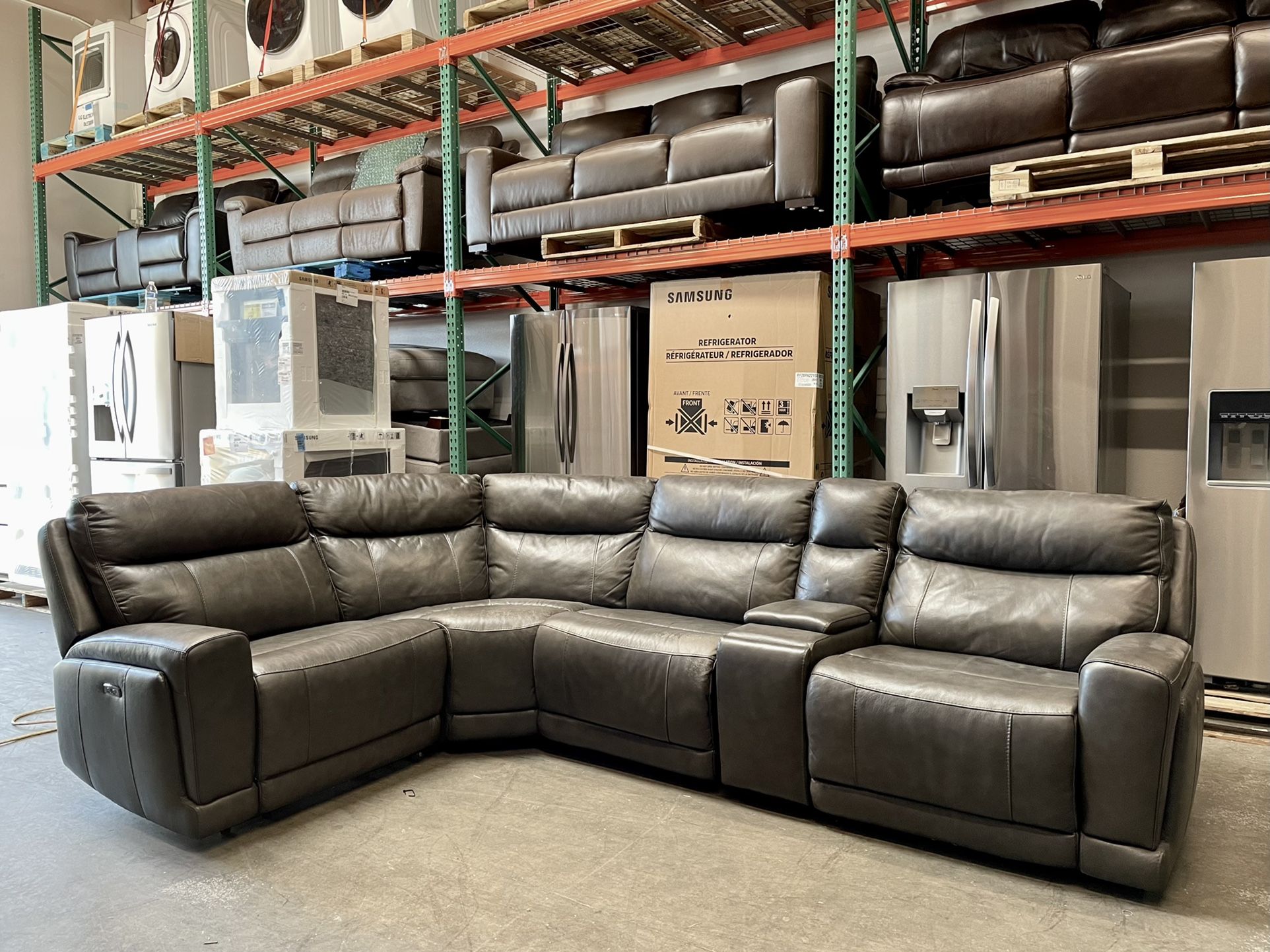 Lauretta 5-piece Leather Power Reclining Sectional with Power Headrest, Gray
