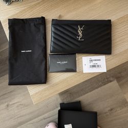 Yves Saint Laurent Black Chevron Clutch with Silver Logo