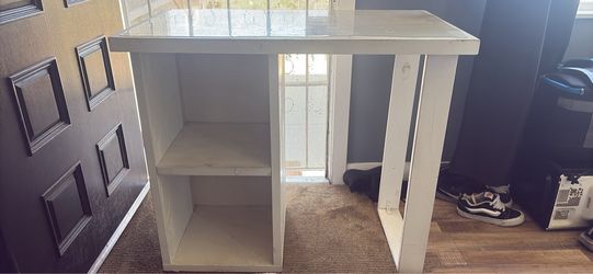 White Wood Desk with Built-In Shelves