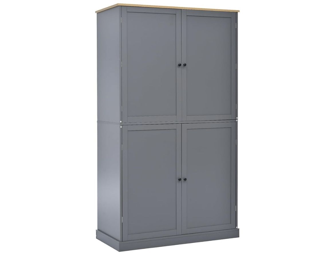 Newly Assembled Tall Wooden Storage Cabinet with 4 Doors and Adjustable Shelves, 40.2" W Freestanding Kitchen Pantry Cupboard Storage Cabinet