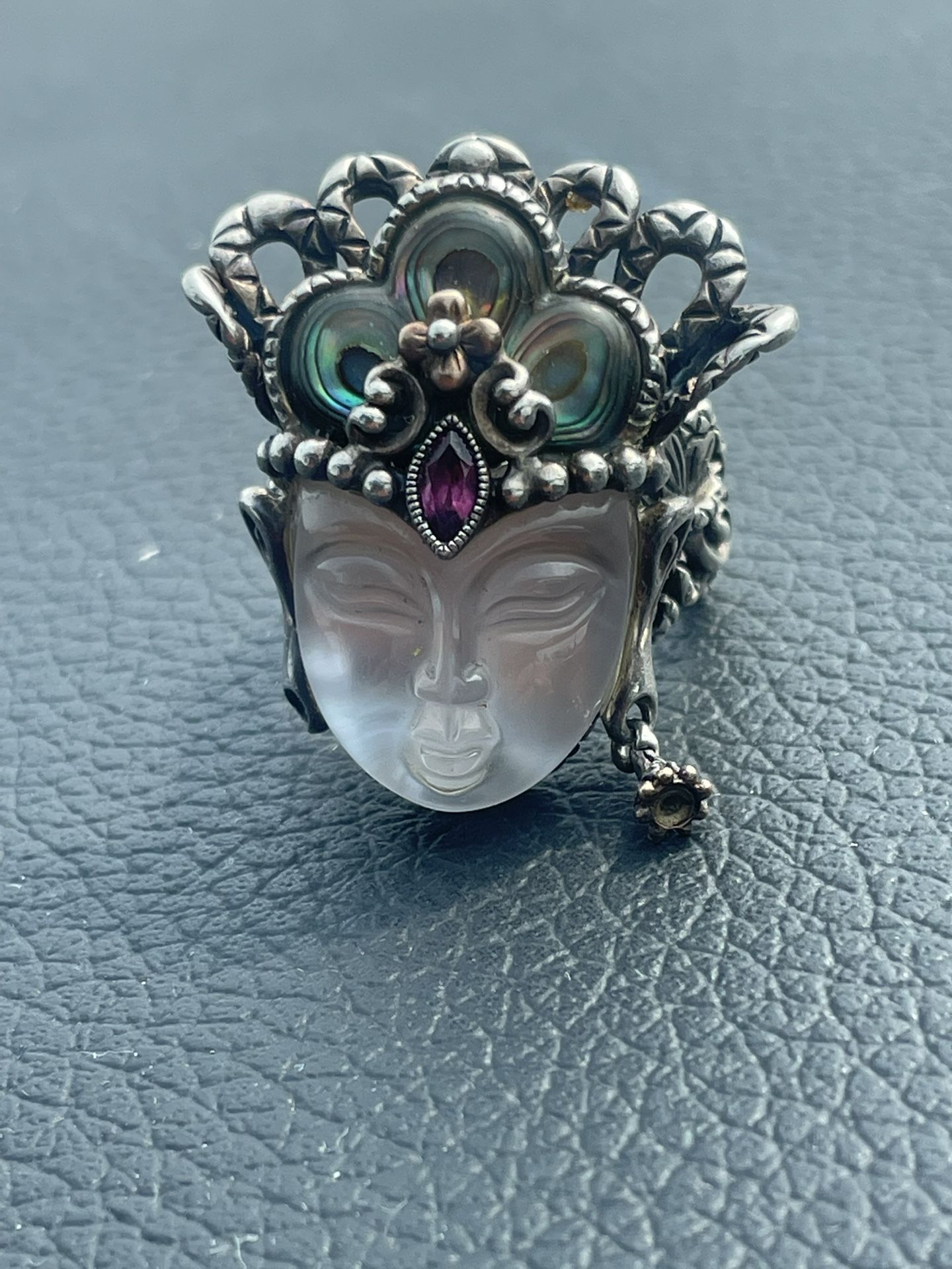 Barbara Bixby Quan Yin MOP Face Turquoise Garnet Stone Flower 925 18K Ring