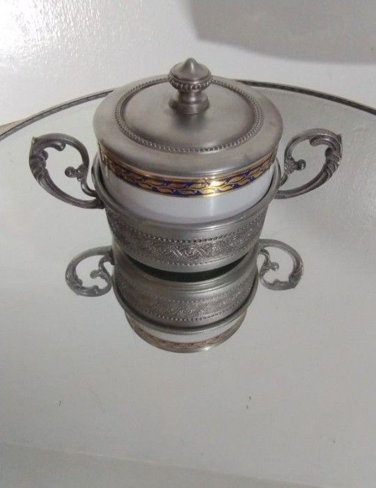 VINTAGE MONOPOLI ITALY PORCELAIN & PEWTER SUGAR BOWL 5.5" ×3.5" - M100