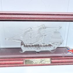 Vintage Nautical Golden Hind Sailing Ship in The Sea Wood Framed Glass Case
