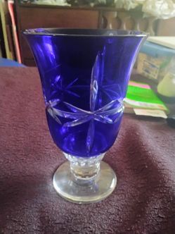 Vintage Bohemian Cut Crystal Vase Blue Cut to Clear