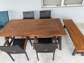 Outdoor Patio Dining Set – Wood Table, Bench + 4 Wicker Chairs