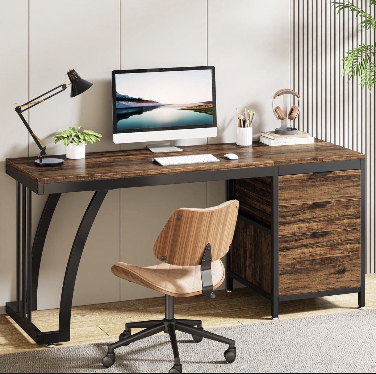 Tribesigns Industrial Computer Desk, 59" Study Desk with Reversible Drawer Cabinet Brand New still in the box C195)(C195)