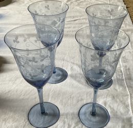 Long Stemmed Etched Blue Wine Glasses