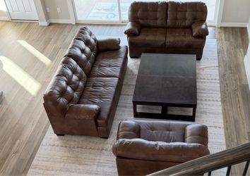 Brown Leather Living Room Set – Sofa, Loveseat & Chair