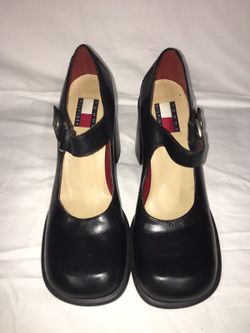 Black leather tommy hilfiger chunky heeled mary jane shoes