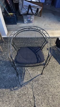 Set of Vintage Mid-Century Modern Wrought Iron Barrel Chair, Woodard/Salterini Style, Mesh Outdoor Patio Armchair