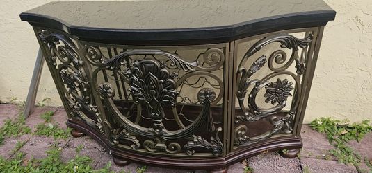 Vintage Ornate Bar Cabinet – Metal, Wood & Stone Top – Glass Shelves – 3 Doors