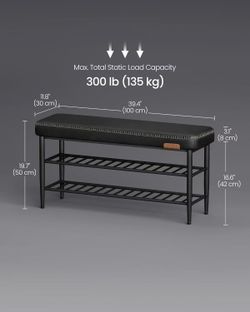 Shoe Rack Bench, Storage Bench for Entryway, Synthetic Leather with Stitching, Mid-Century Modern, Loads 300 lb, 11.8 x 31.5 x 19.7 Inches, Ink Black