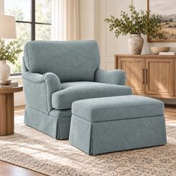 32''W Fabric Swivel Accent Armchair with Storage Ottoman, Smoke Blue Green