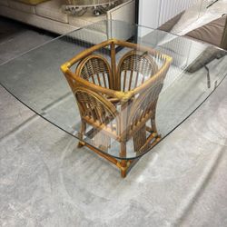 Square beveled glass table with authentic made  Indonisia  wicker bottom base  45 “ x 45” , 29 1/2 high  $75