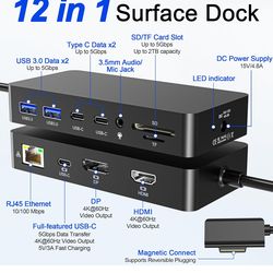 Surface Docking Station 12-in-1, Triple Display 4K@60Hz Dock with HDMI, DP, USB-C, 4-Screen Support, 4 USB Ports, SD/TF, Audio for Surface Pro 11/10/9