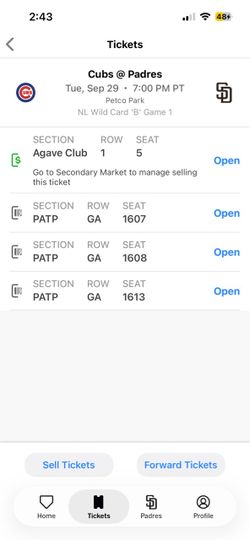 Tuesday 9/29 7pm San Diego Padres wildcard playoffs Gallaghers Square tickets $100 each three available