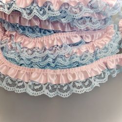 4 Yds of 1 3/16” Gathered Layered Lace, Blue w/Pink Satin Ribbon #040624A10