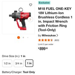 M18 FUEL ONE-KEY 18V Lithium-lon Brushless Cordless 1 in. Impact Wrench with Friction Ring (Tool-Only)