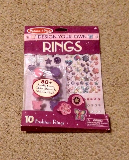 BRAND NEW IN PACKAGE MELISSA & DOUG DESIGN-YOUR-OWN RINGS GEM GLITTER PEARL CRAFT KIT JEWELRY 10 PIECE SET FOR AGES 4+