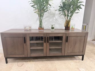 Gray Wood TV Stand with Glass Door Cabinet