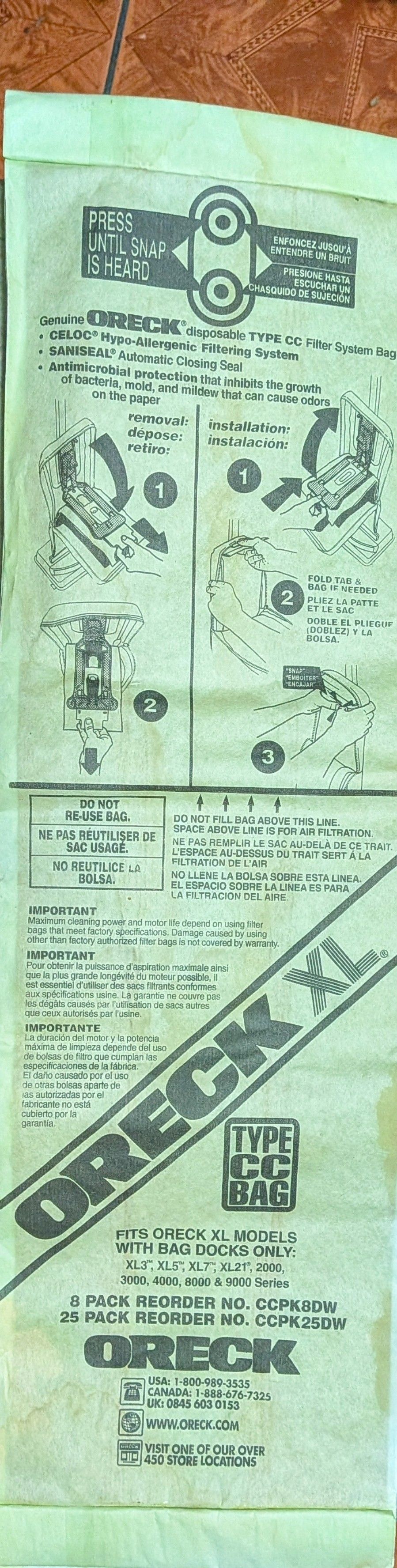 ORECK 6 Pack XL Hypo Allergenic Filtering Vacuum Bags