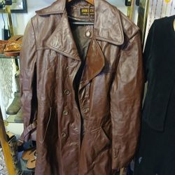 vintage brown leather double-breasted trench coat