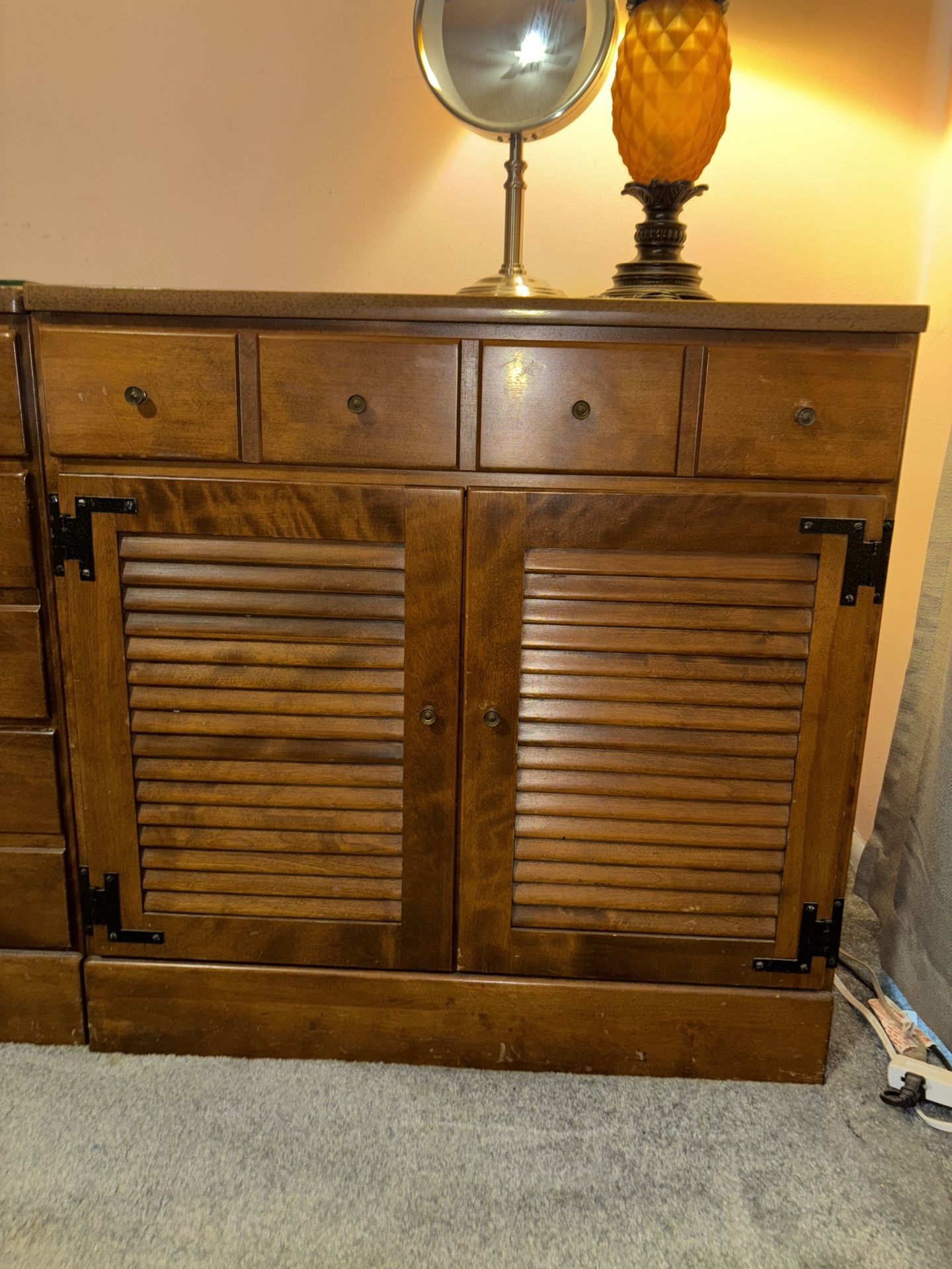 Vintage Ethan Allen maple finish legal size filing cabinet with top drawer and shelf 