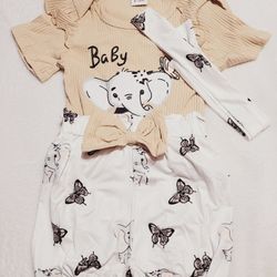 Baby Girl 3 Piece 9-12 Months Elephant And Butterfly, White & Brown