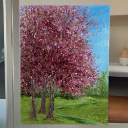 Trees in Bloom - Acrylic on Canvas Panel Nature Theme Painting in Size 6" x 8"