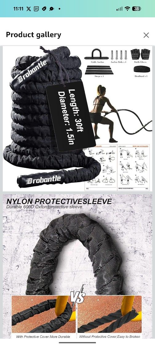 New Battle Rope 1.5in Thick, 30FT Exercise Workout Ropes for Home Gym Heavy Weighted Training Rope for Working Out