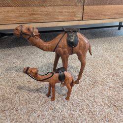 Vintage Camel Set Sculpture Leather on Hand Carved Wood with Harness & Saddle 