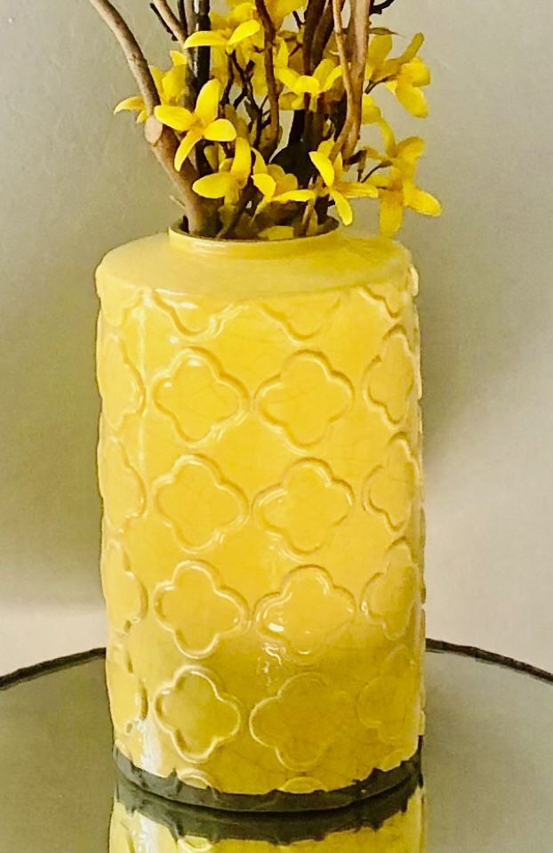 Beautiful Large Ceramic Vase with Forsythia Flowers. 