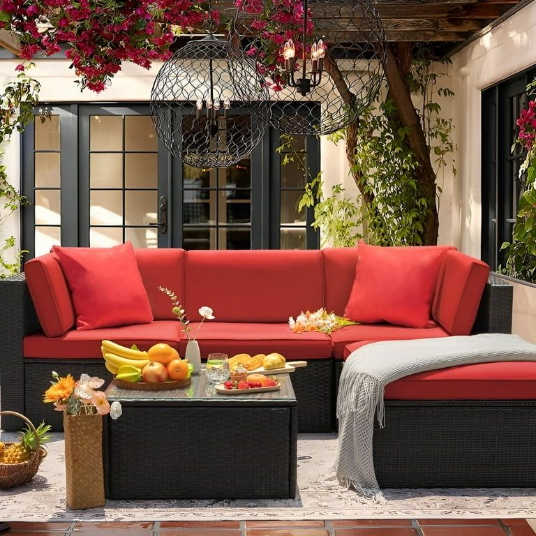 New 5 Pieces Patio Furniture Set Outdoor Patio Sectional Sofa Weaving Wicker Rattan All Weather PatiPatio Furniture Set with Cushion and Glass Table A
