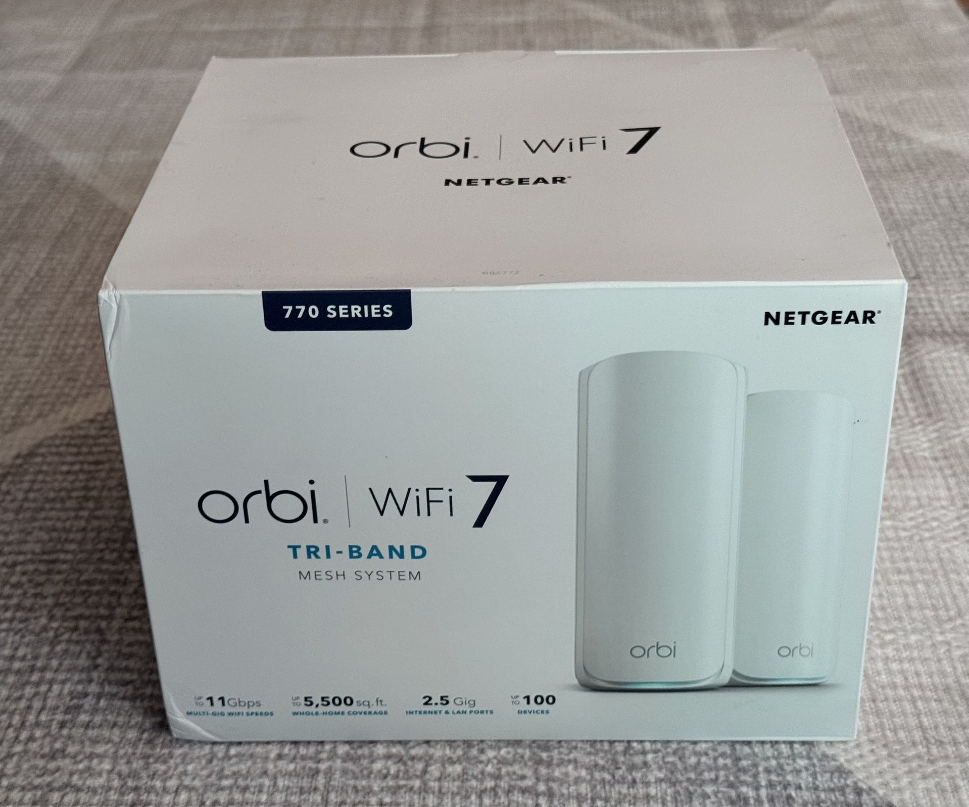Like New - NETGEAR Orbi 770 Series Tri-Band WiFi 7 Mesh Network System (RBE772) - Router + 1 Satellite Extender, Up to 11Gbps, Covers up to 5,500 sq.f