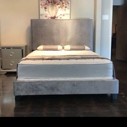 Brand New Queen Size Grey Nailhead Bed Frame With New Mattress Set/Fast Delivery