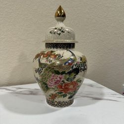 Vintage Japanese Satsuma Peacock Ginger Jar – 11.5” Tall – Andrea by Sadek – Hand Painted Porcelain
