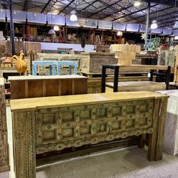 Reclaimed Carved Wood Console Table Featuring a Hidden Shelf