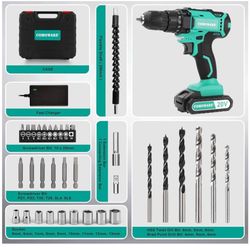 20V Cordless Drill, Electric Power Set Battery  Charger, 3/8 Keyless Chuck 34pcs