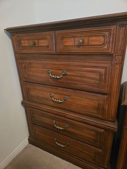 Queen bed with mattress. Dresser. Side table.