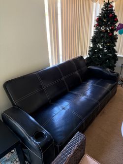 Black Faux Leather Sofa with Cup Holders