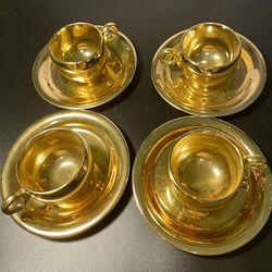 Homer Laughlin USA Vintage 1940’s Eggshell Bone China Set Of 4 Gold Demitasse Cups & Saucers