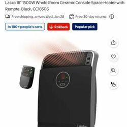 Lasko 18" 1500W Whole Room Ceramic Console Space Heater with Remote, Black, CC18306..NEW - OPEN BOX - with REMOTE