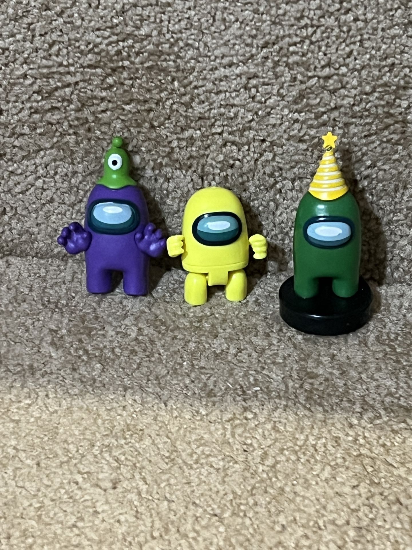 Among us Yellow posable figure & Green Party & Purple hat pvc set of 3
